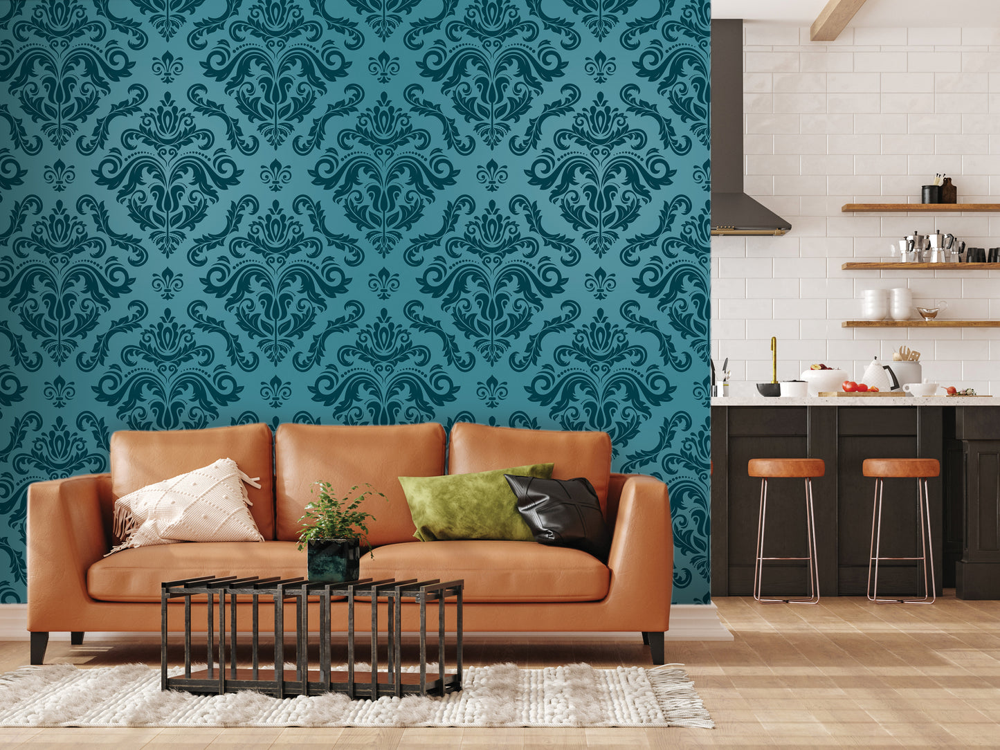 a living room with a brown leather sofa, a black coffee table, and a teal wall with a repeating pattern. The room also includes a kitchen area with a countertop and stools.