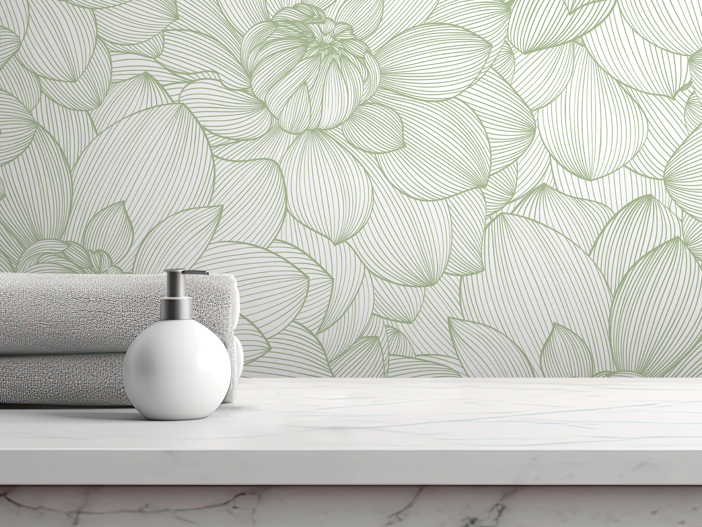 a white soap dispenser on a white marble countertop, with a folded towel and a green floral wallpaper in the background.