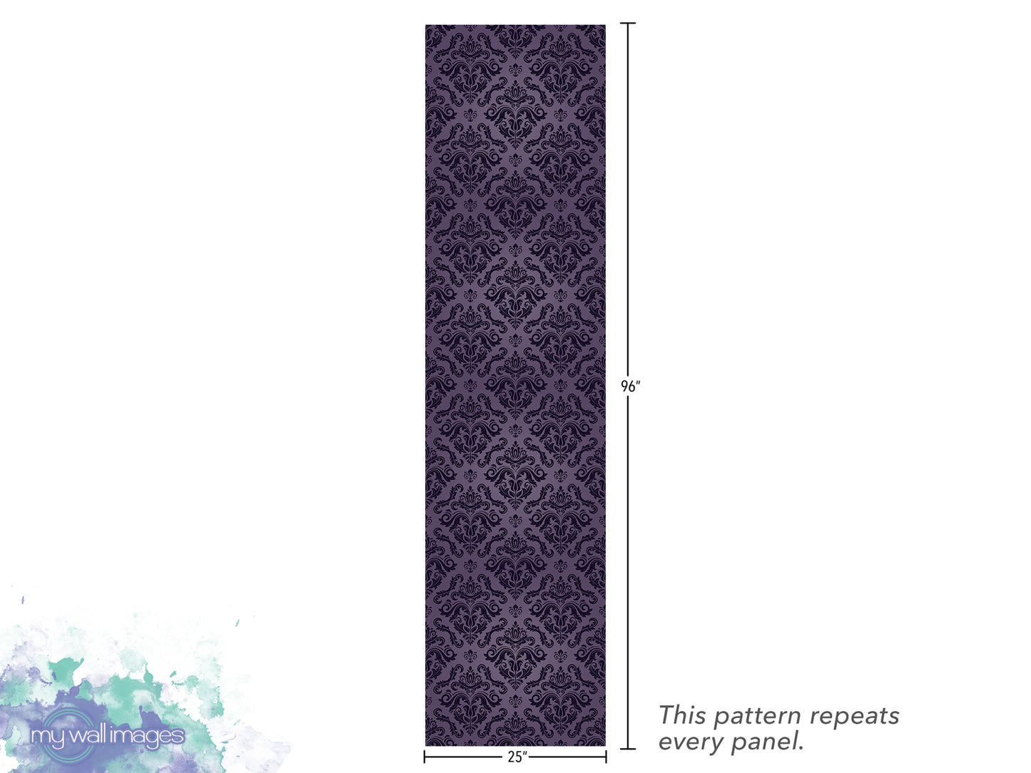a vertical panel with a repeating pattern of purple and black designs. The panel is approximately 25 inches tall, and the pattern repeats every panel.