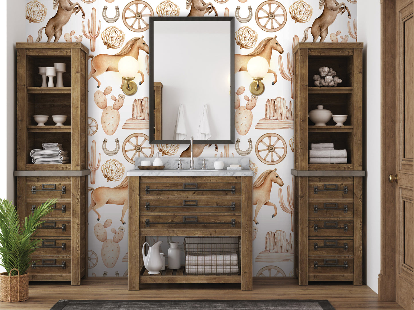 a bathroom with a wooden vanity and shelves, featuring a mirror and decorative wall art with horses and cacti.