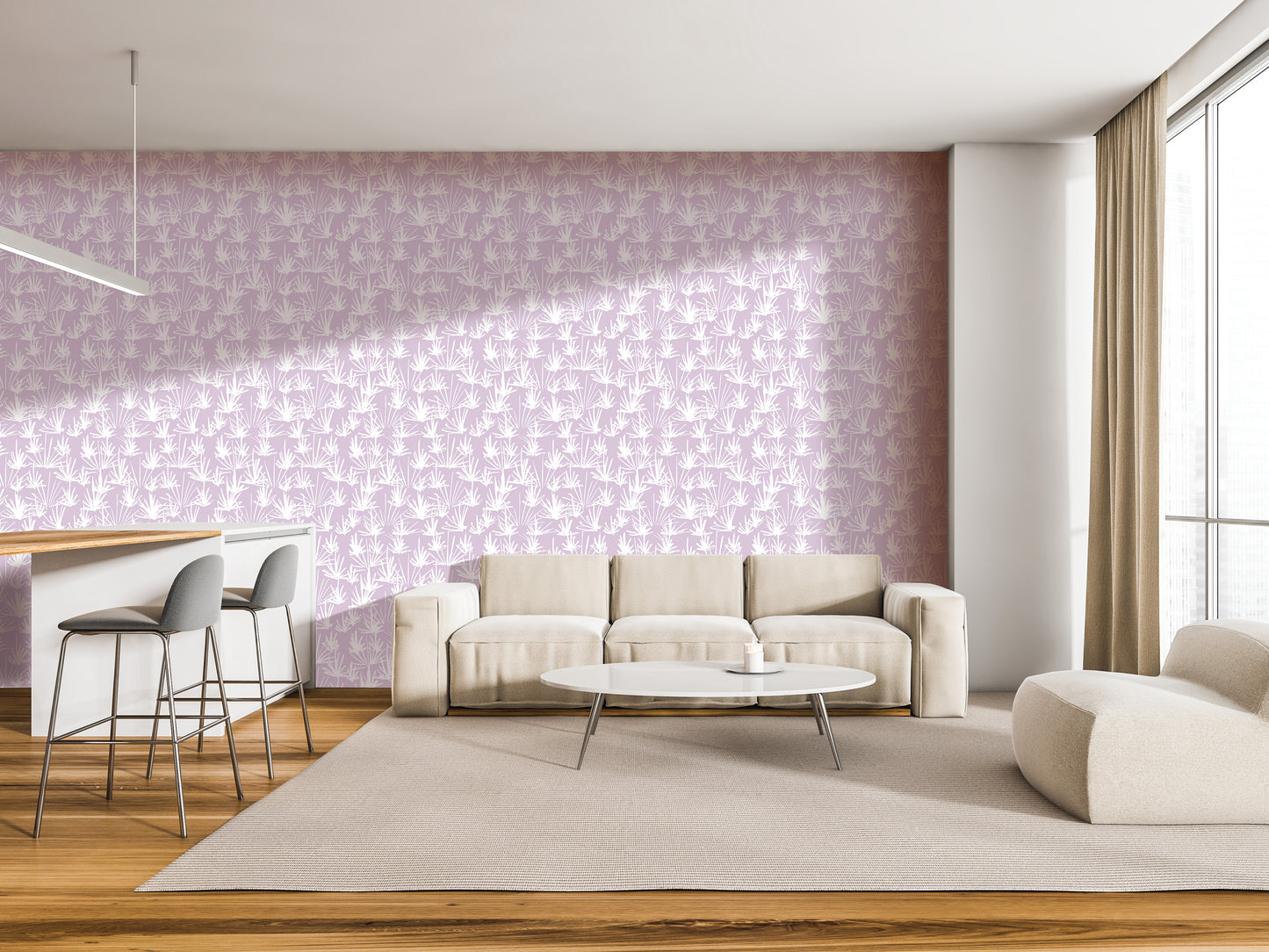 a modern living room with a large window, a white sofa, a round coffee table, and a bar with stools. The walls are covered in a pink and white patterned wallpaper, and the room has a clean, minimalist design.