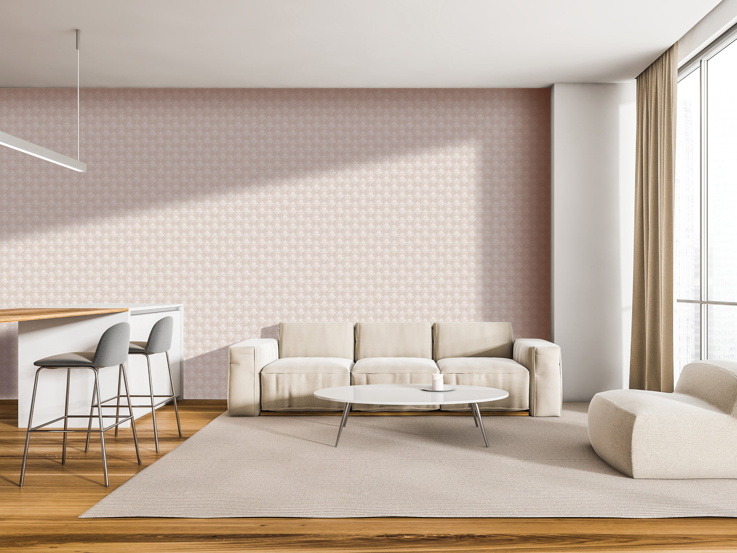 a modern living room with a beige sofa, a round coffee table, and a wooden floor. The room has a minimalist and clean design, with a large window providing natural light.