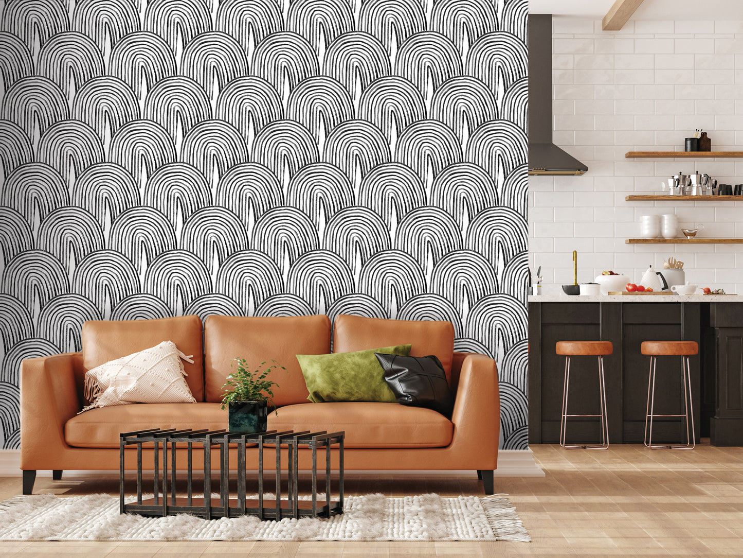 a modern living room with a black and white geometric pattern wallpaper on the wall behind a brown leather sofa. The sofa is accompanied by a black coffee table and a green throw pillow. In the background, there is a kitchen area with a countertop and a shelf holding various kitchen items.