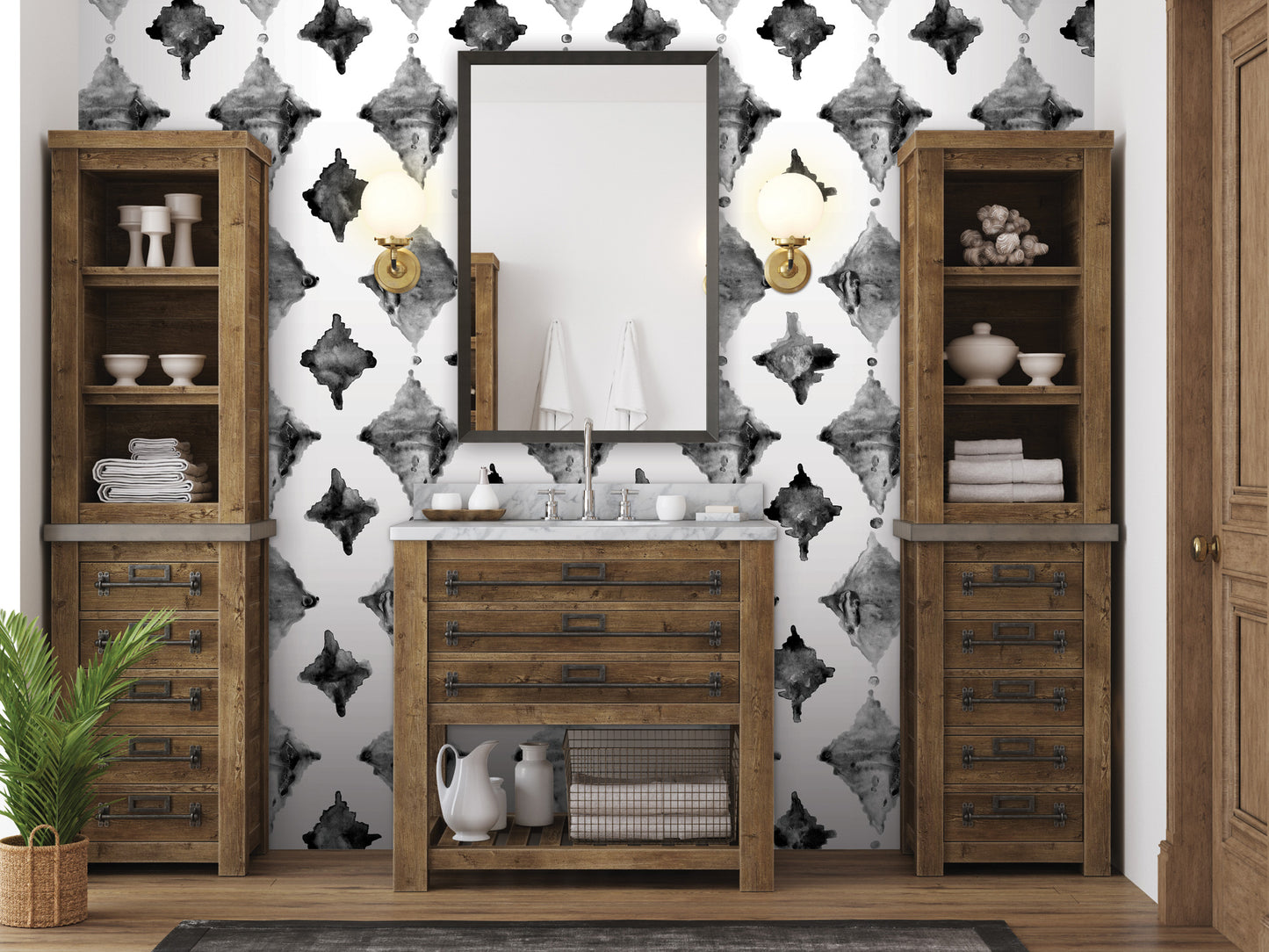 a modern bathroom with a wooden vanity, a mirror, and a black and white patterned wallpaper. The bathroom is well-lit and features a potted plant and a basket, adding a touch of greenery and natural elements to the space.