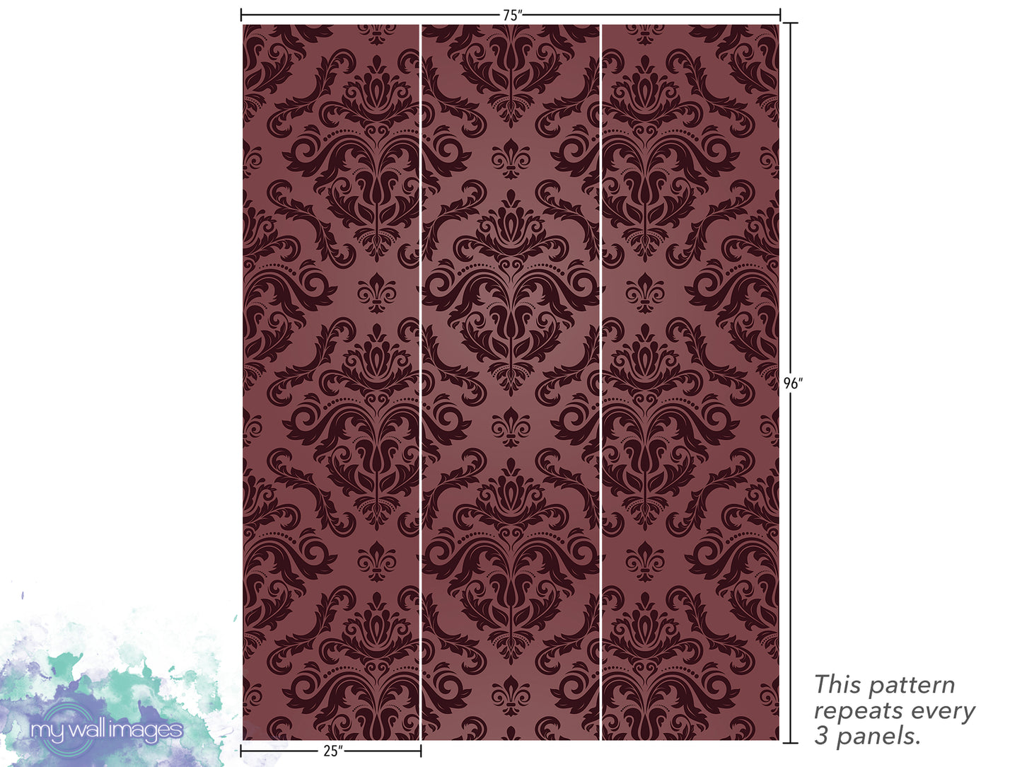 a repeating pattern of a dark red, ornate damask design. The pattern repeats every 3 panels, as indicated by the text.