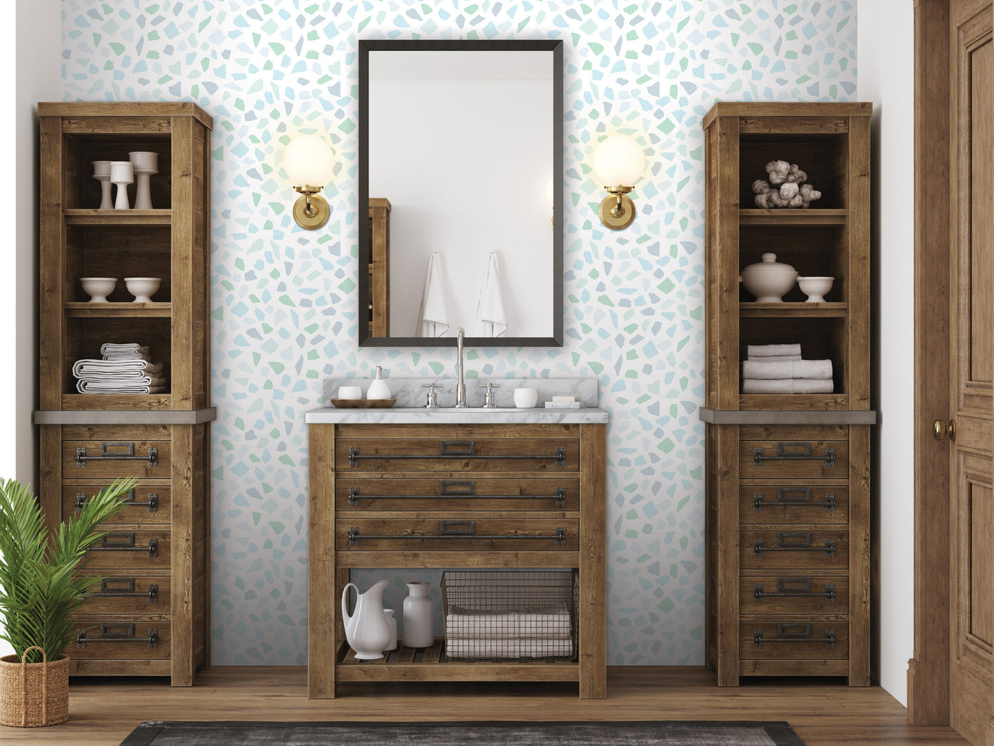 a modern bathroom with a wooden vanity, a mirror, and two wooden cabinets. The walls are covered in a patterned wallpaper, and there are two light fixtures above the mirror.