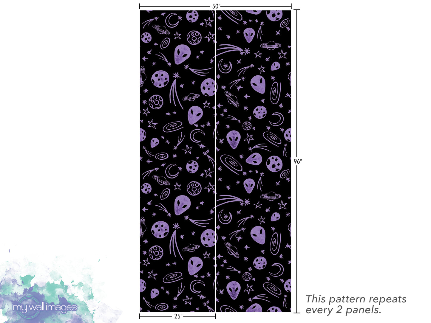 a repeating pattern of purple alien and celestial motifs on a black background, with the pattern repeating every 2 panels.