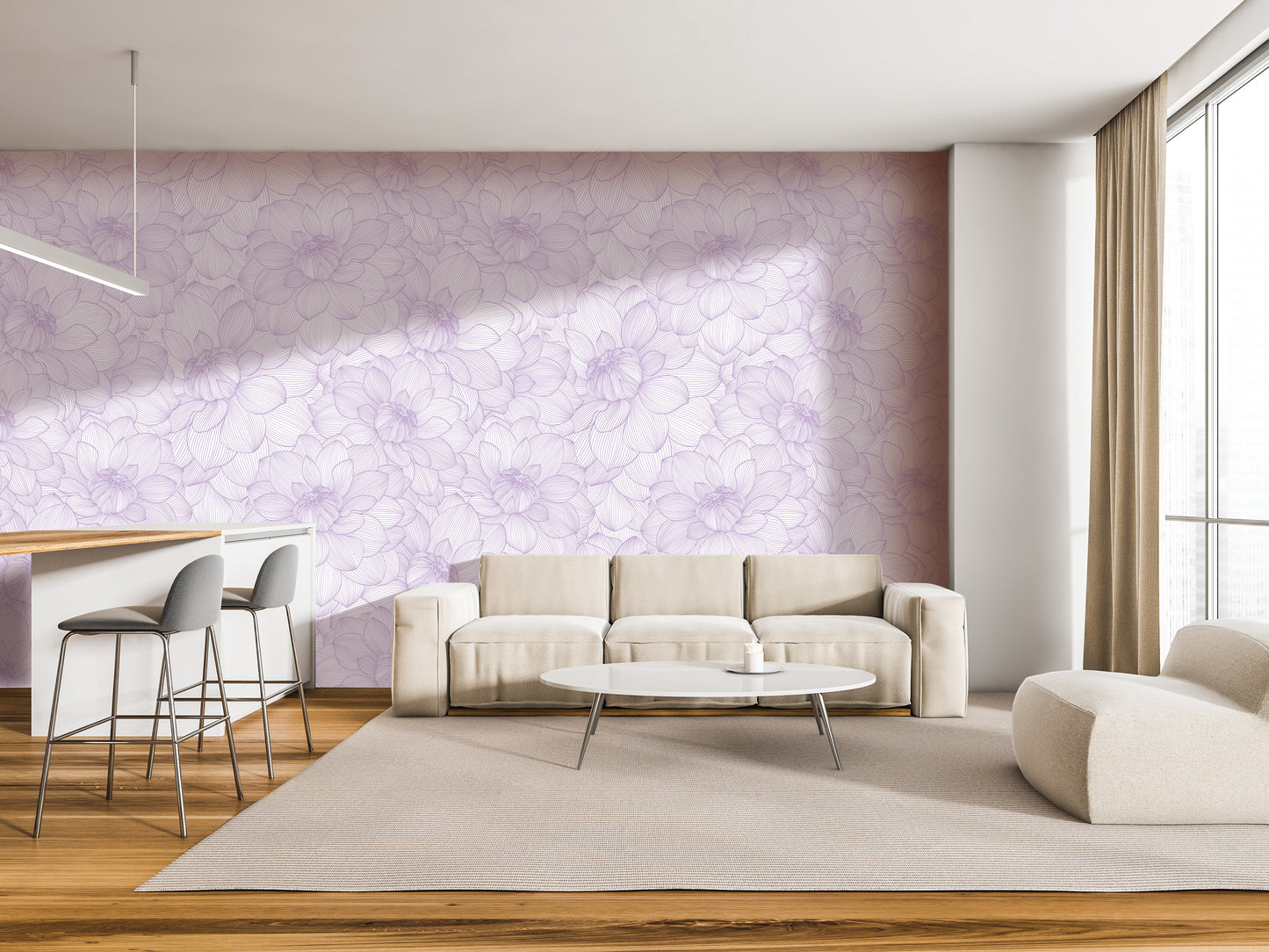 a modern living room with a large floral wallpaper on the wall, a white sofa, a round coffee table, and a barstool.