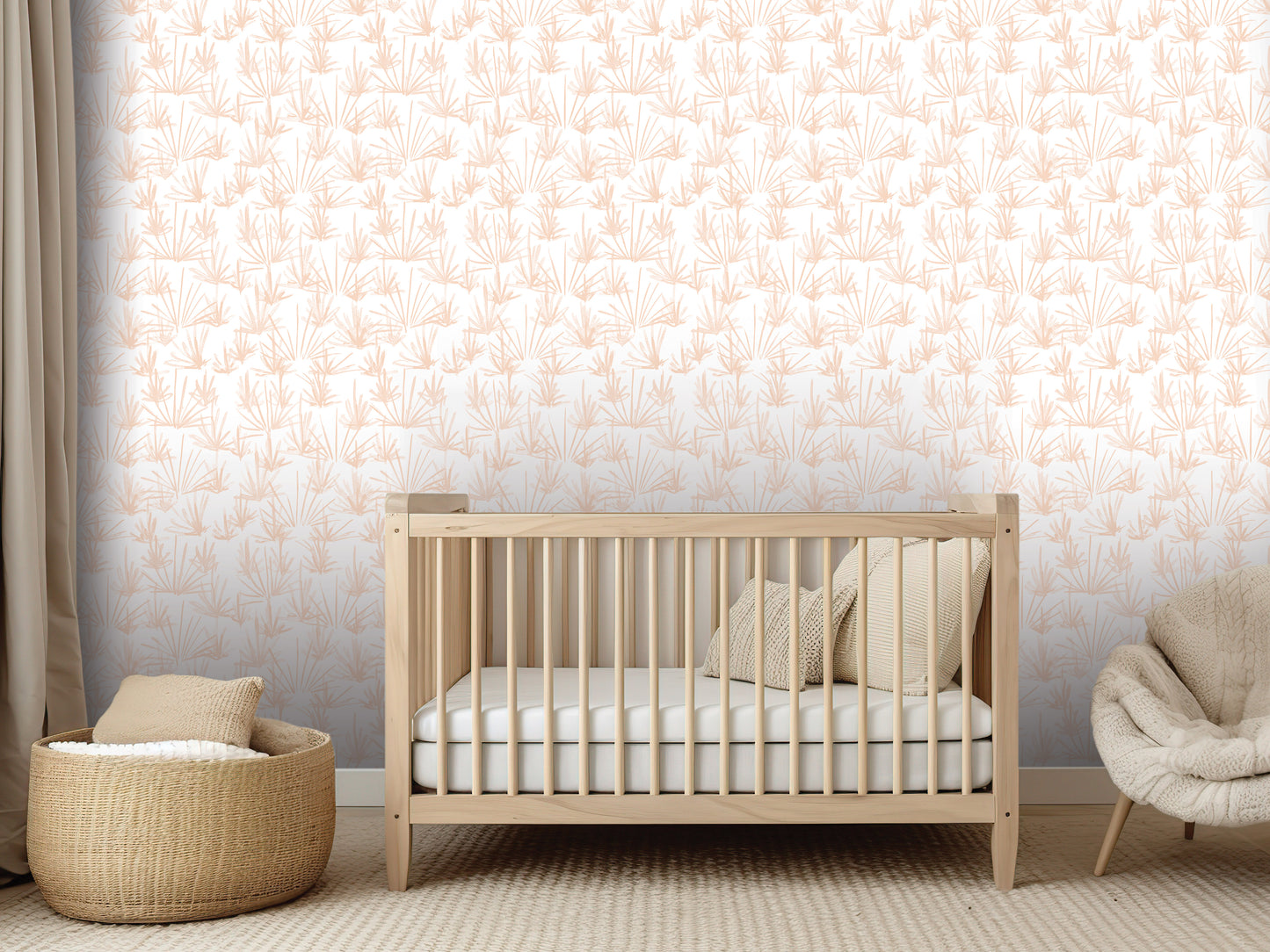 a nursery room with a wooden crib, a woven basket, and a plush chair. The room has a peach-colored floral wallpaper, creating a warm and inviting atmosphere.