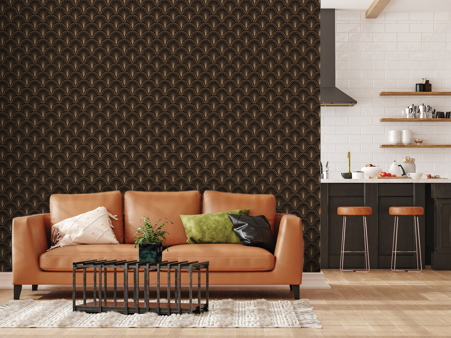 a modern living room with a brown leather sofa, a black coffee table, and a kitchen area with a counter and stools. The room has a black and white geometric pattern on the wall, and the furniture and decor create a cohesive and stylish design.