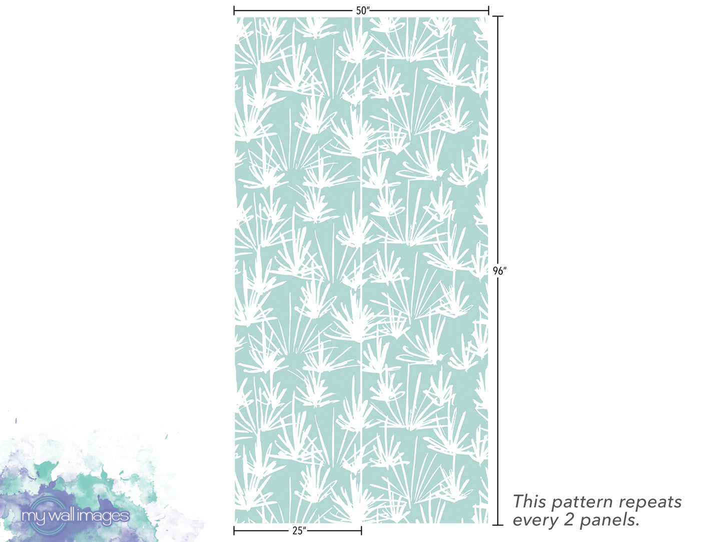a repeating pattern of white leaves or branches on a light green background. The pattern repeats every 2 panels, and the image is described as a "collage of multiple images" and "25' x 50'".
