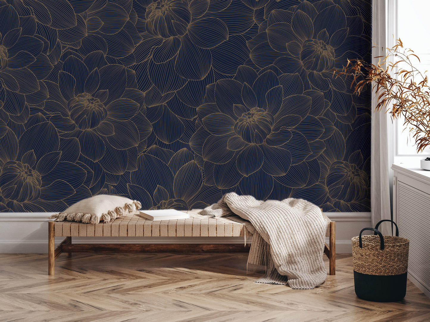 a living room with a dark blue floral wallpaper on the wall behind a wooden bench. The bench is positioned in front of a window, and there is a woven basket on the floor next to it.