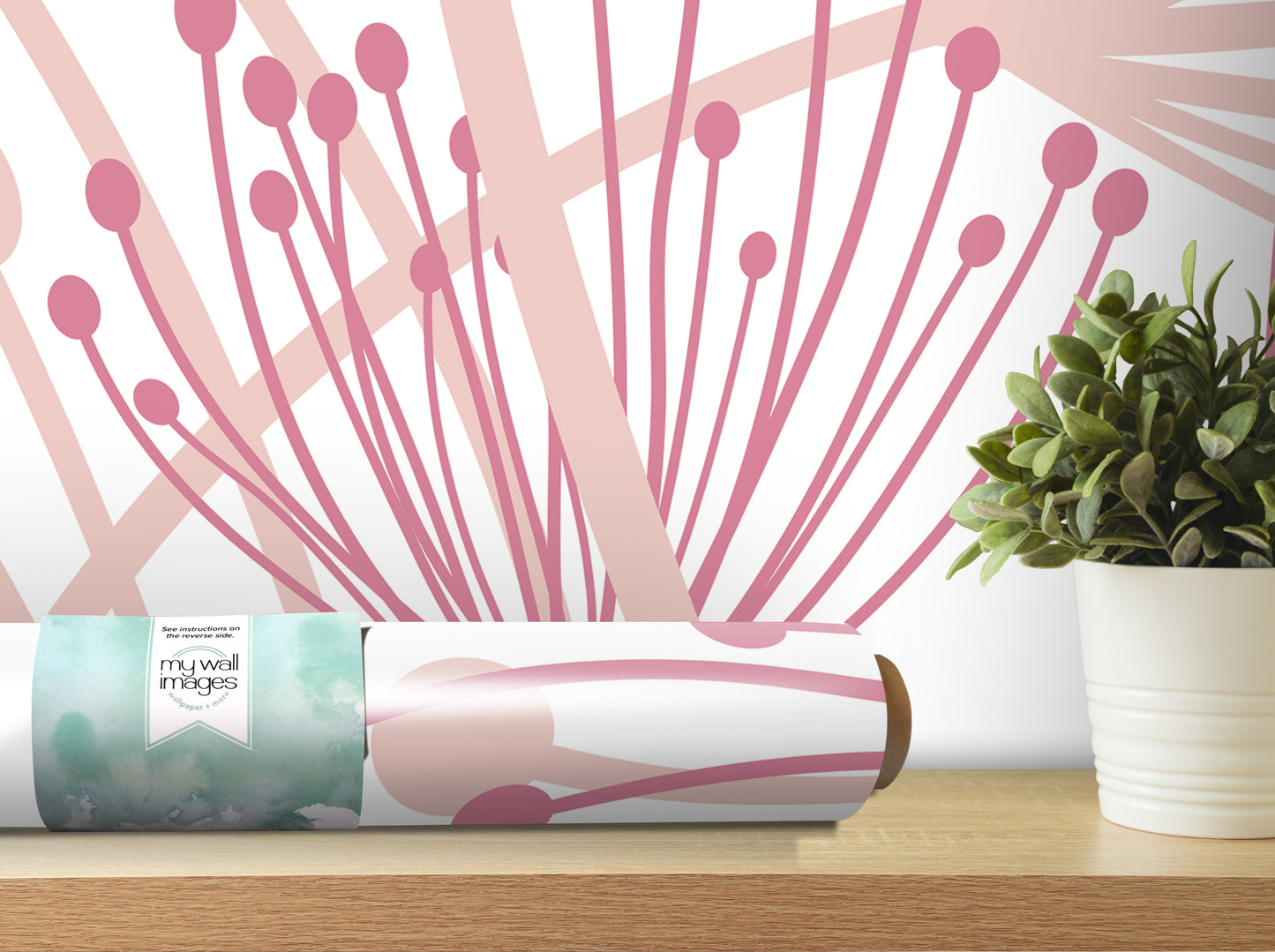 a wallpapered wall with a plant in a white pot on a wooden shelf.