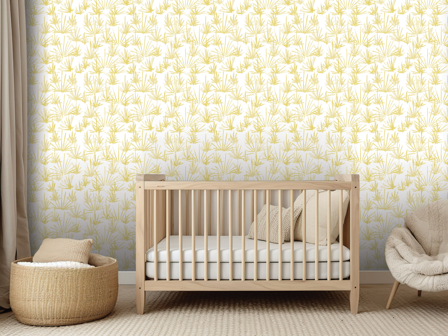 a nursery room with a wooden crib, a woven basket, and a plush chair. The room has a yellow and white patterned wallpaper, creating a warm and inviting atmosphere.