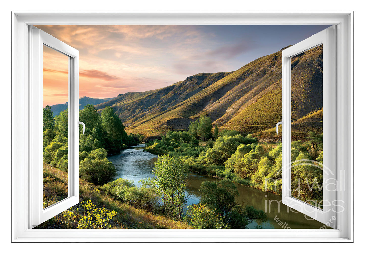 a serene mountain landscape with a river flowing through it, surrounded by lush greenery and a vibrant sunset sky.