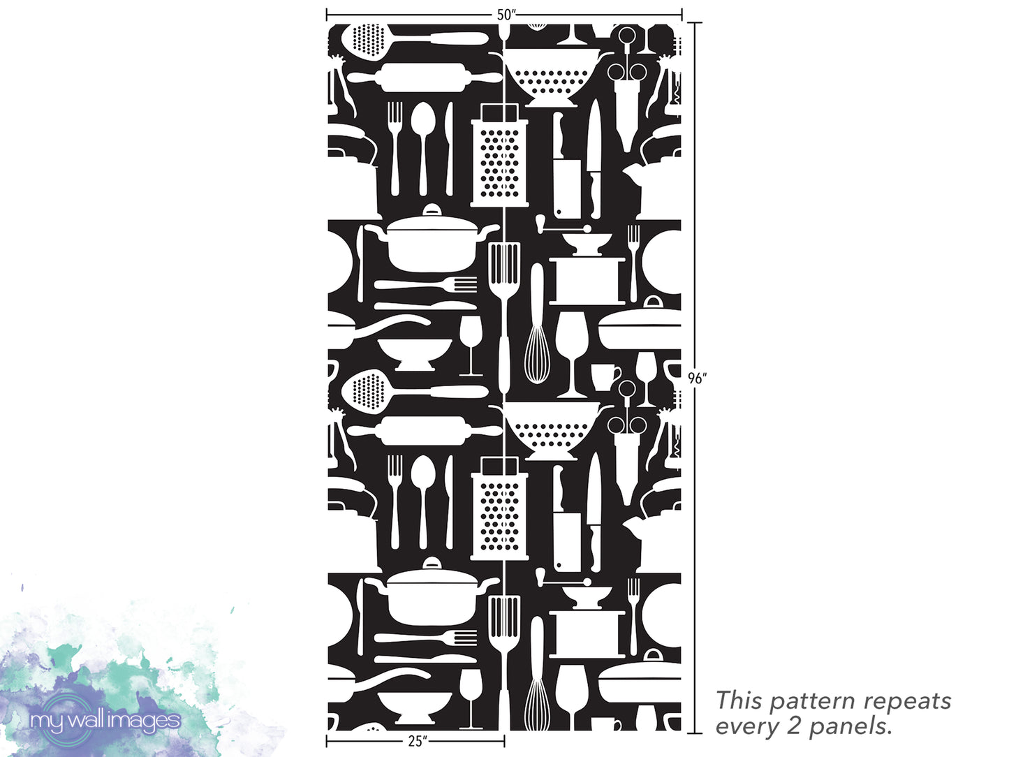 a repeating pattern of various kitchen utensils and appliances, such as spoons, forks, knives, and bowls, arranged in a grid-like fashion. The pattern repeats every 2 panels, and the image is described to be a collage of multiple images.