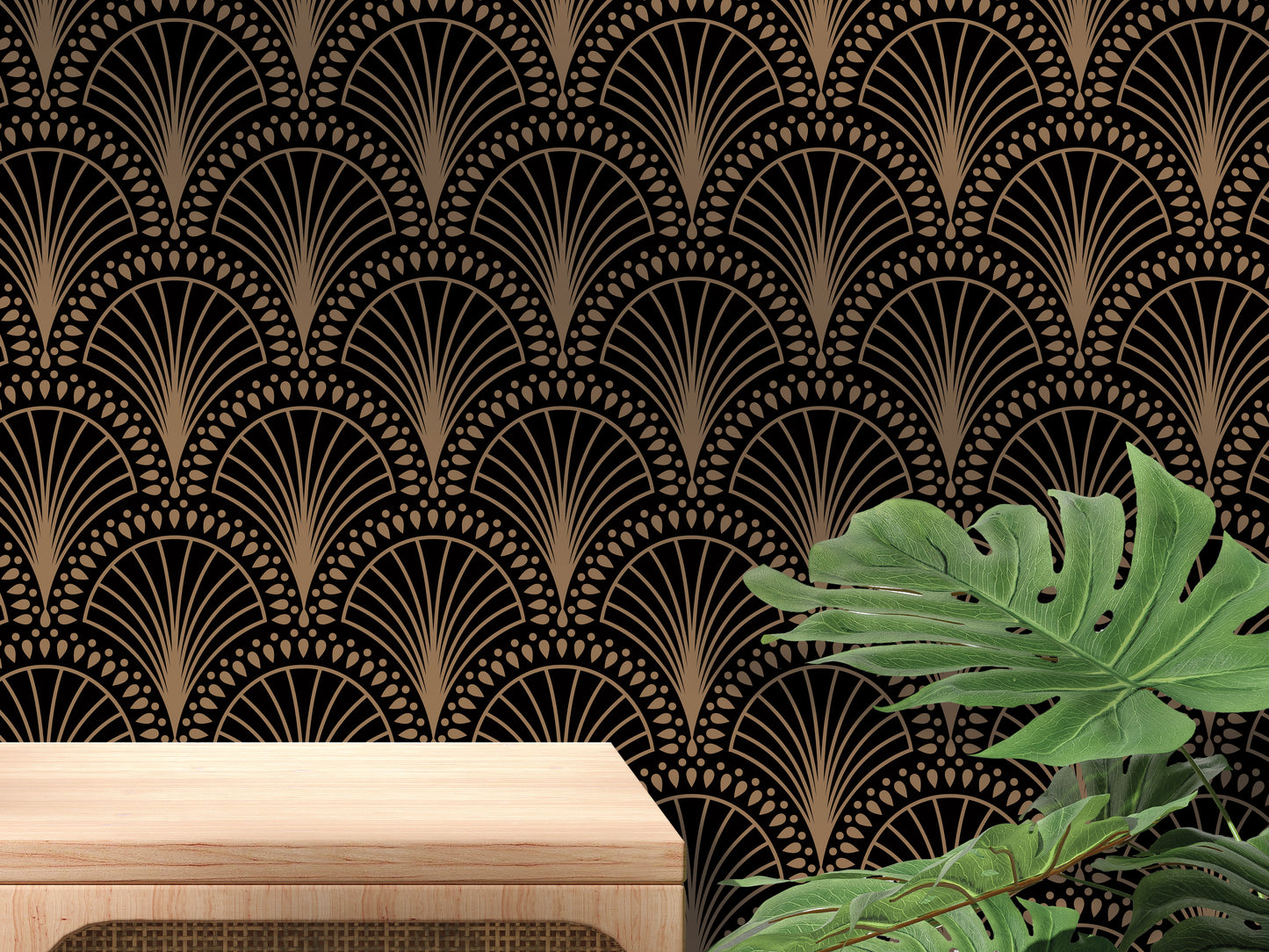 a wooden table with a plant on top of it, set against a wall with a repeating pattern of black and gold designs.