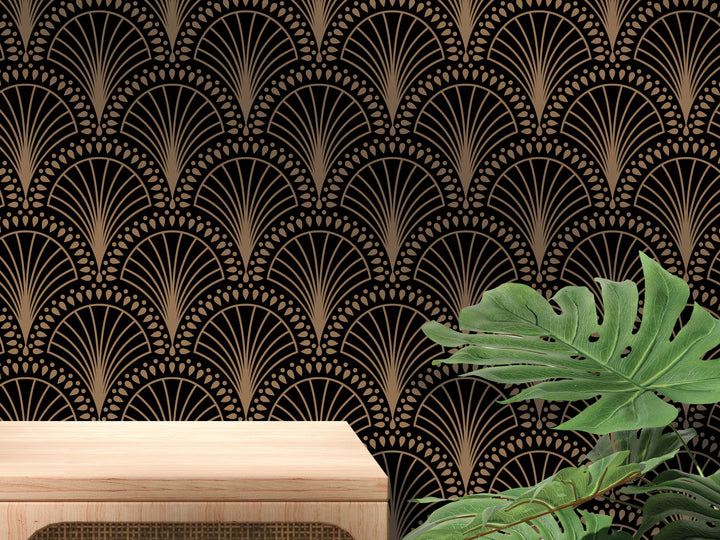 a wooden table with a plant on top of it, set against a wall with a repeating pattern of black and gold designs.