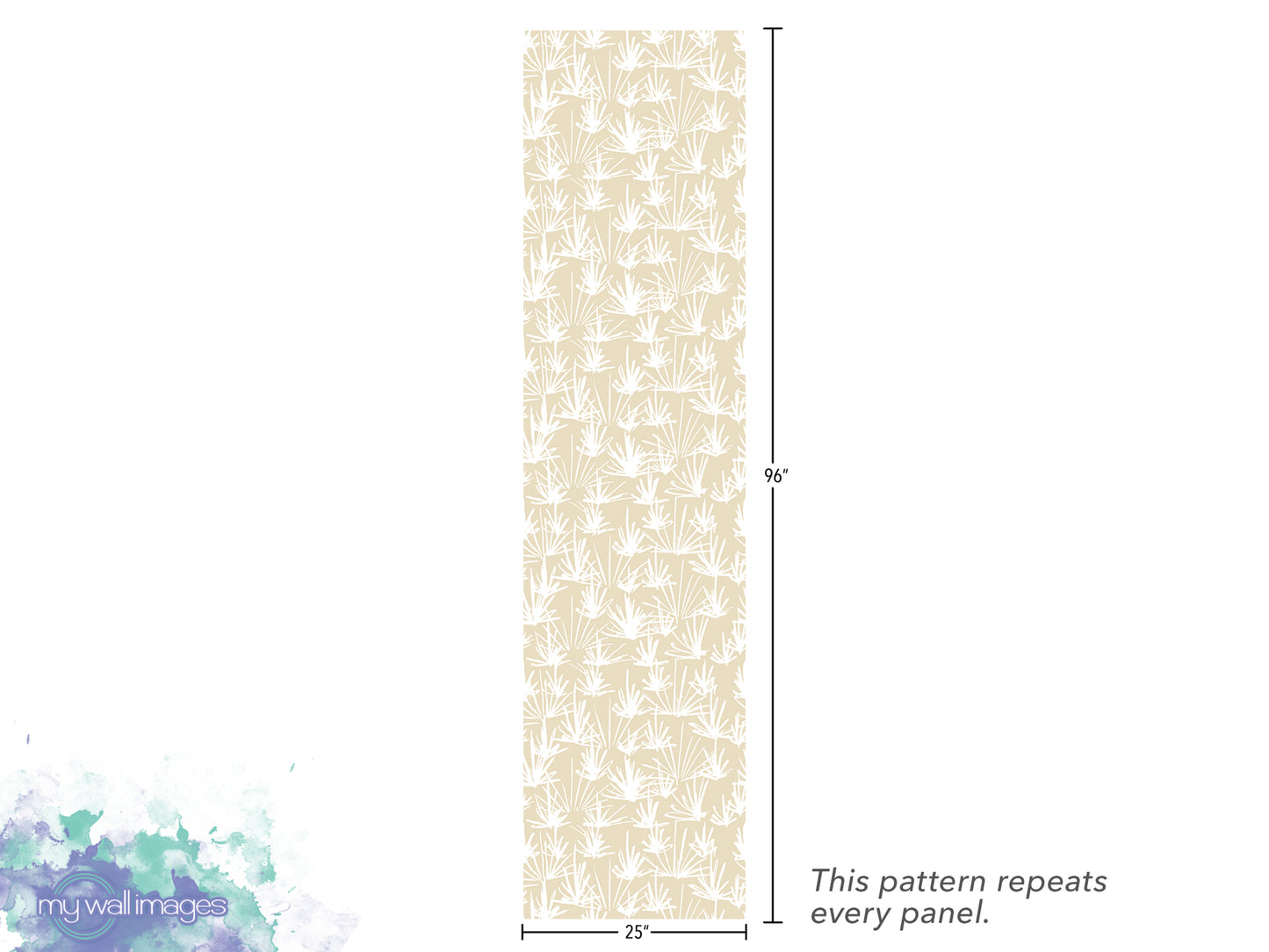 a repeating pattern of a beige floral design on a vertical panel. The pattern repeats every panel, and the image is described as a "repeats every panel" and "25" inches tall.