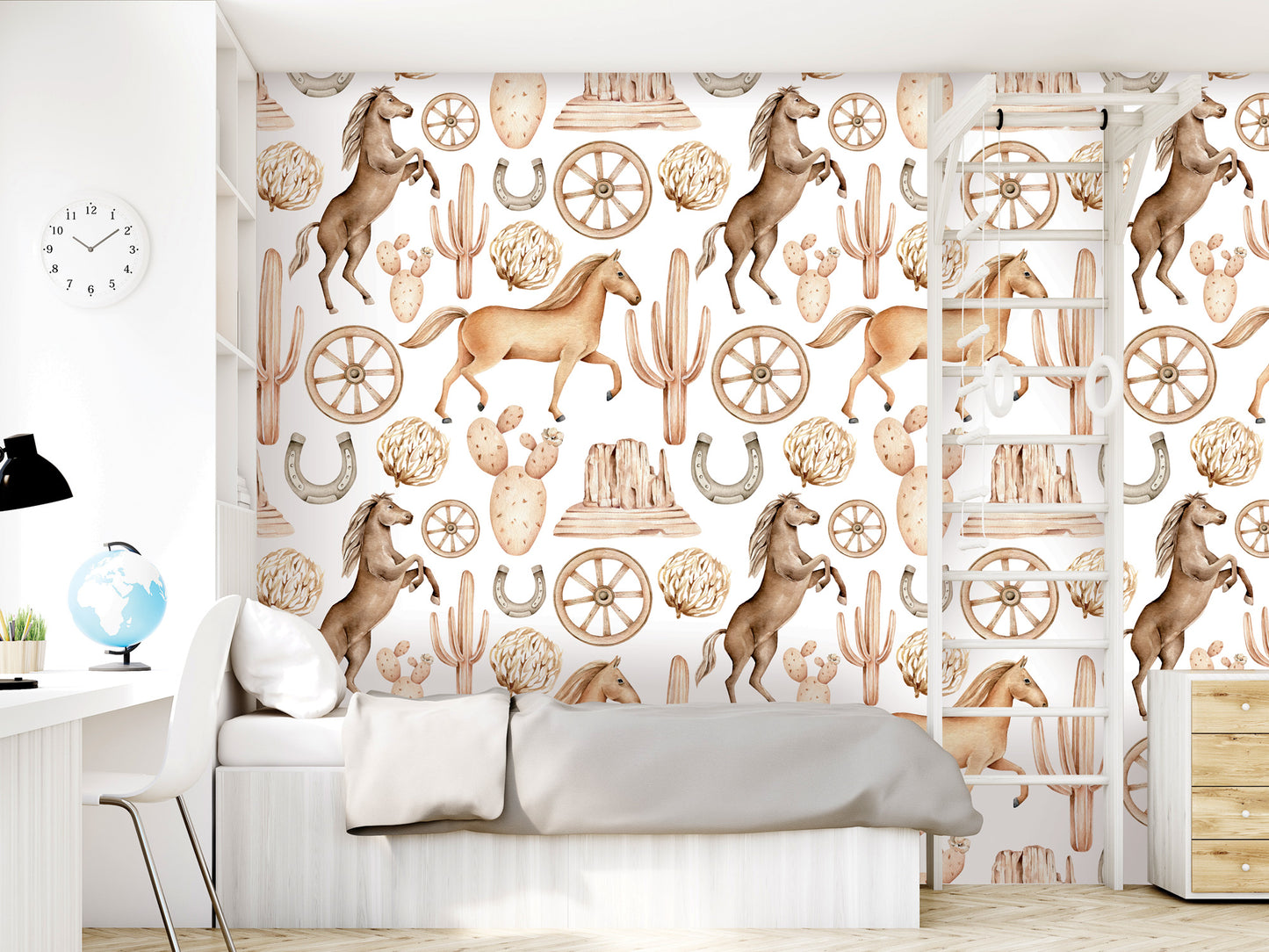 a bedroom with a wallpapered wall that has a repeating pattern of horses, cacti, and wheels. The wallpapered wall is white and has a vintage or western theme. The room also includes a bed, a dresser, and a clock.