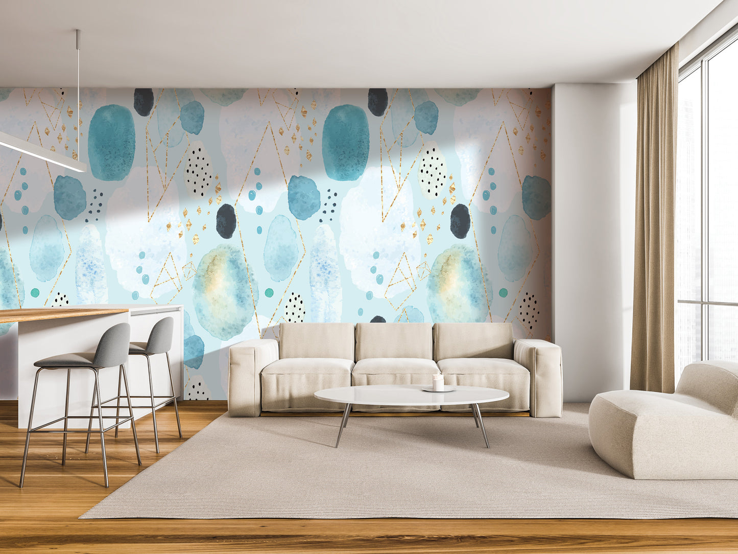 a modern living room with a large abstract watercolor mural on the wall, a white sofa, a round coffee table, and a wooden floor.