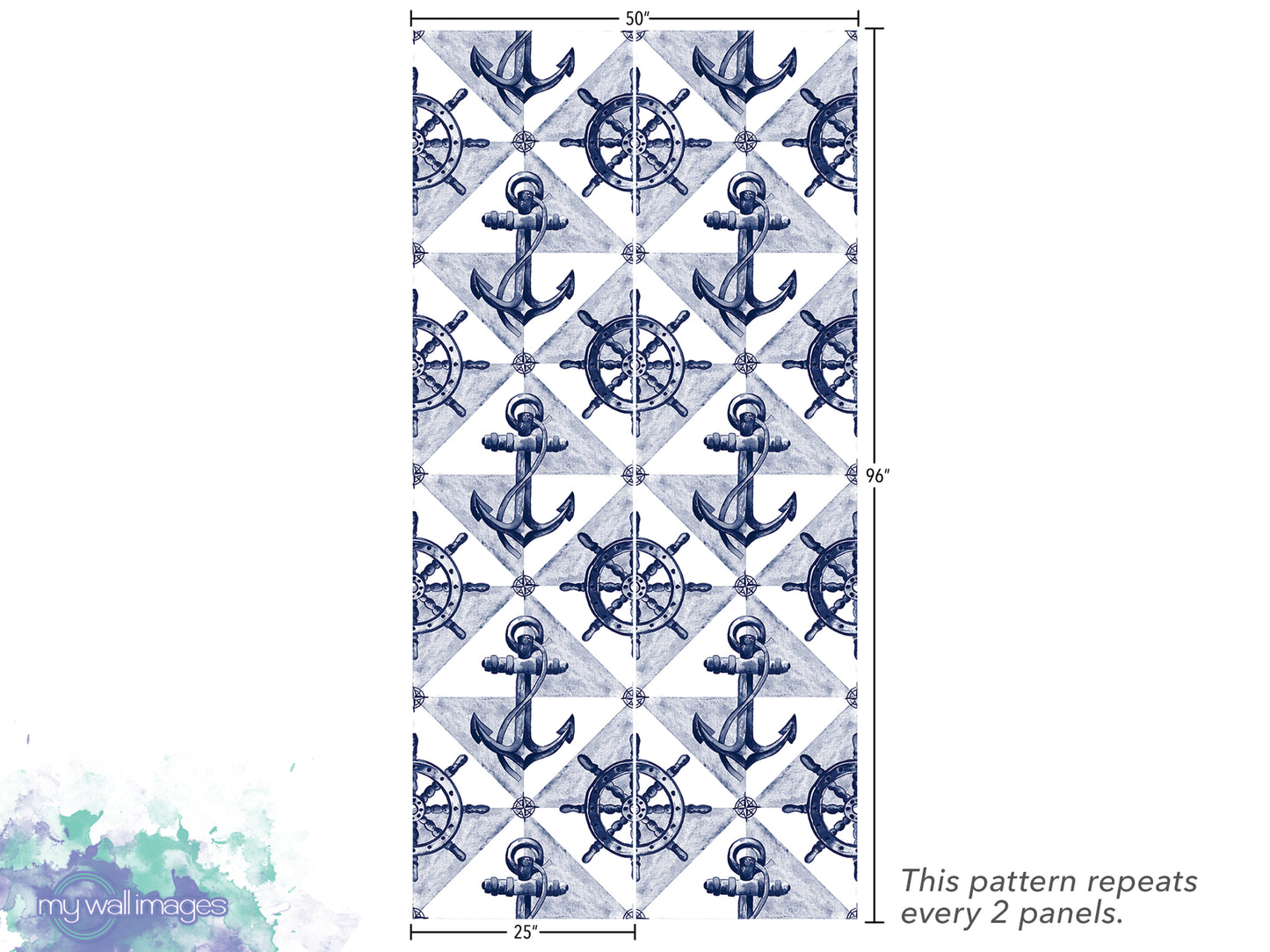 The image is a repeating pattern of anchors and ship's wheels, with the pattern repeating every 2 panels.