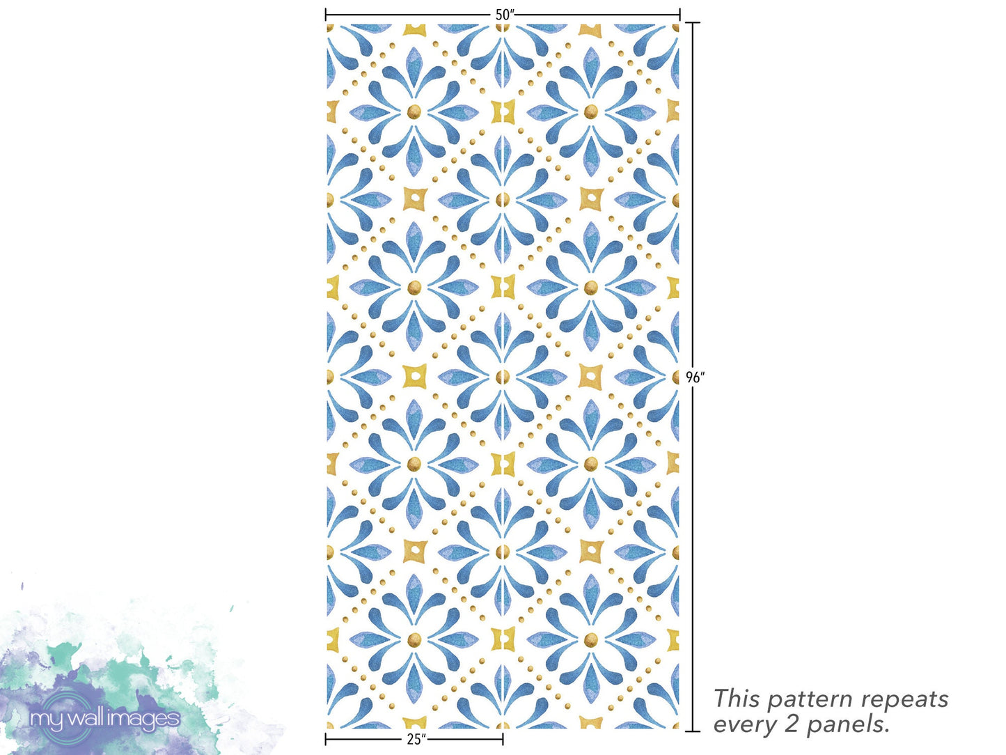 Folk Art Blue Tile Wallpaper | Blue and Gold Floral Peel and Stick (MW1600)
