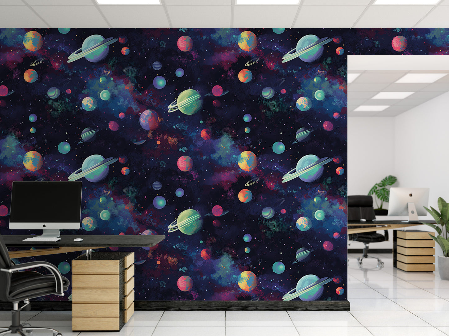 a modern office space with a large wall mural depicting a vibrant, colorful space scene with planets, stars, and other celestial elements.