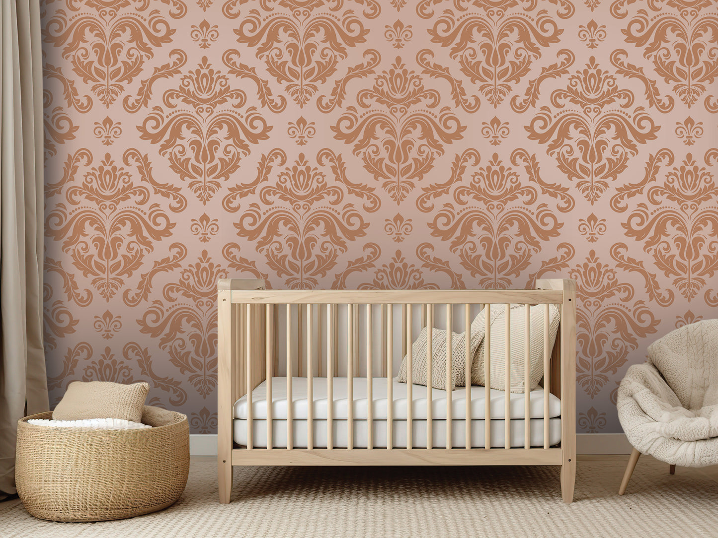 a nursery room with a wooden crib, a woven basket, and a plush chair. The room has a peach-colored wall with a repeating floral pattern.