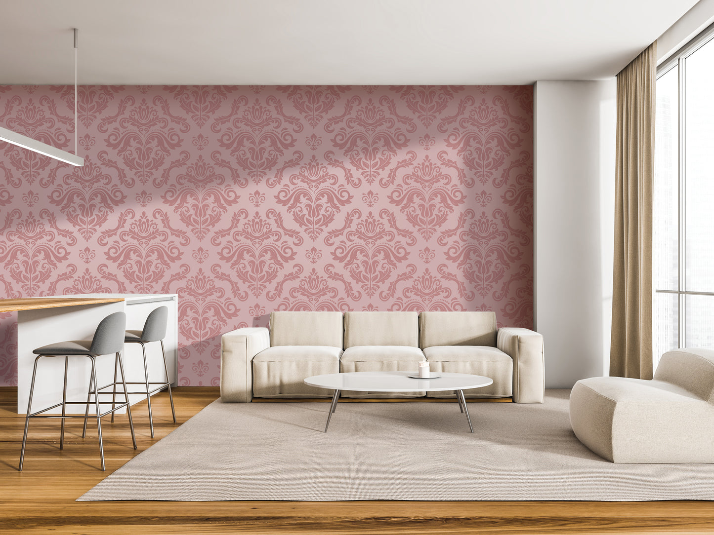 a modern living room with a pink and white color scheme. The room features a large window, a white sofa, a white coffee table, and a bar with stools. The walls are covered in pink wallpaper with a repeating pattern, and the floor is made of wood.