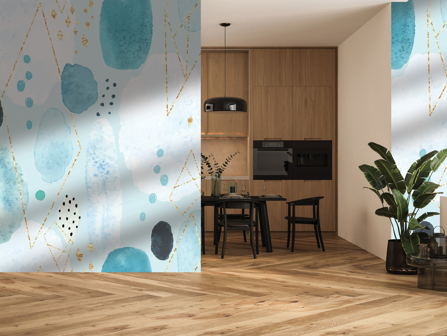 a modern kitchen with a dining area, featuring a wooden floor, a black table and chairs, and a potted plant. The walls are adorned with a blue and white abstract pattern, and the overall color scheme is predominantly white and blue.