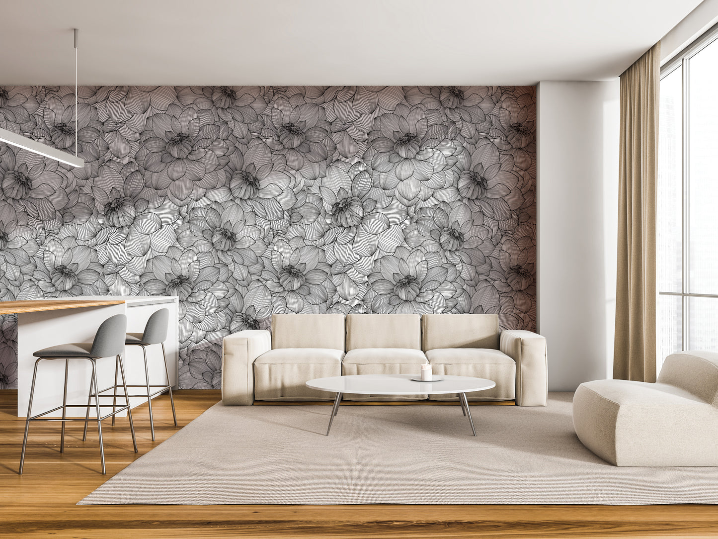 a modern living room with a large floral wallpaper on the wall, a white sofa, a round coffee table, and a bar with stools.
