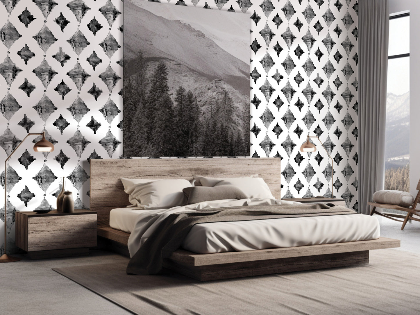 a modern bedroom with a large wooden bed, a wooden nightstand, and a large wall mural featuring a mountain landscape.
