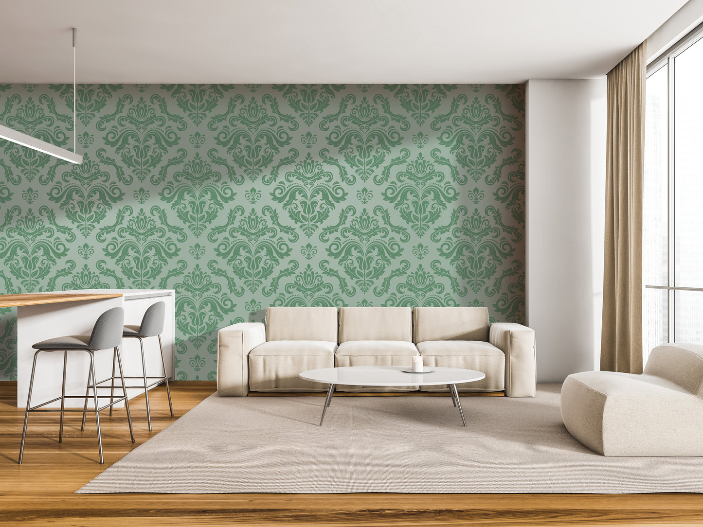 a modern living room with a large green patterned wallpaper on the wall, a white sofa, a round coffee table, and a bar with stools.