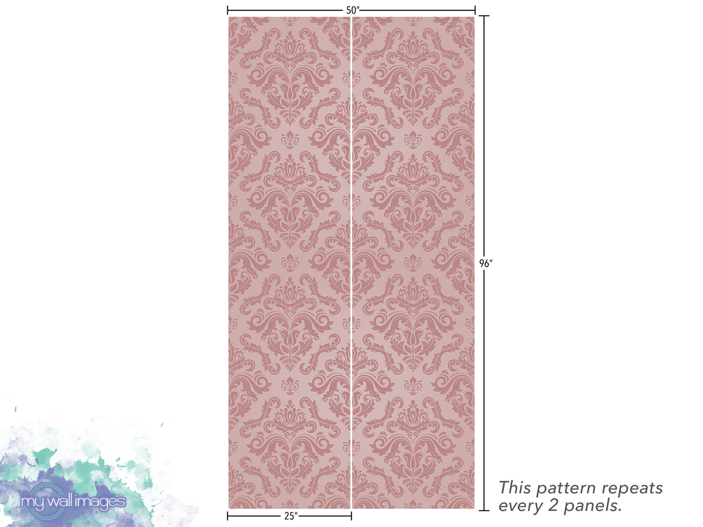 a repeating pattern of a pink and white damask design, with dimensions provided. The pattern repeats every 2 panels.