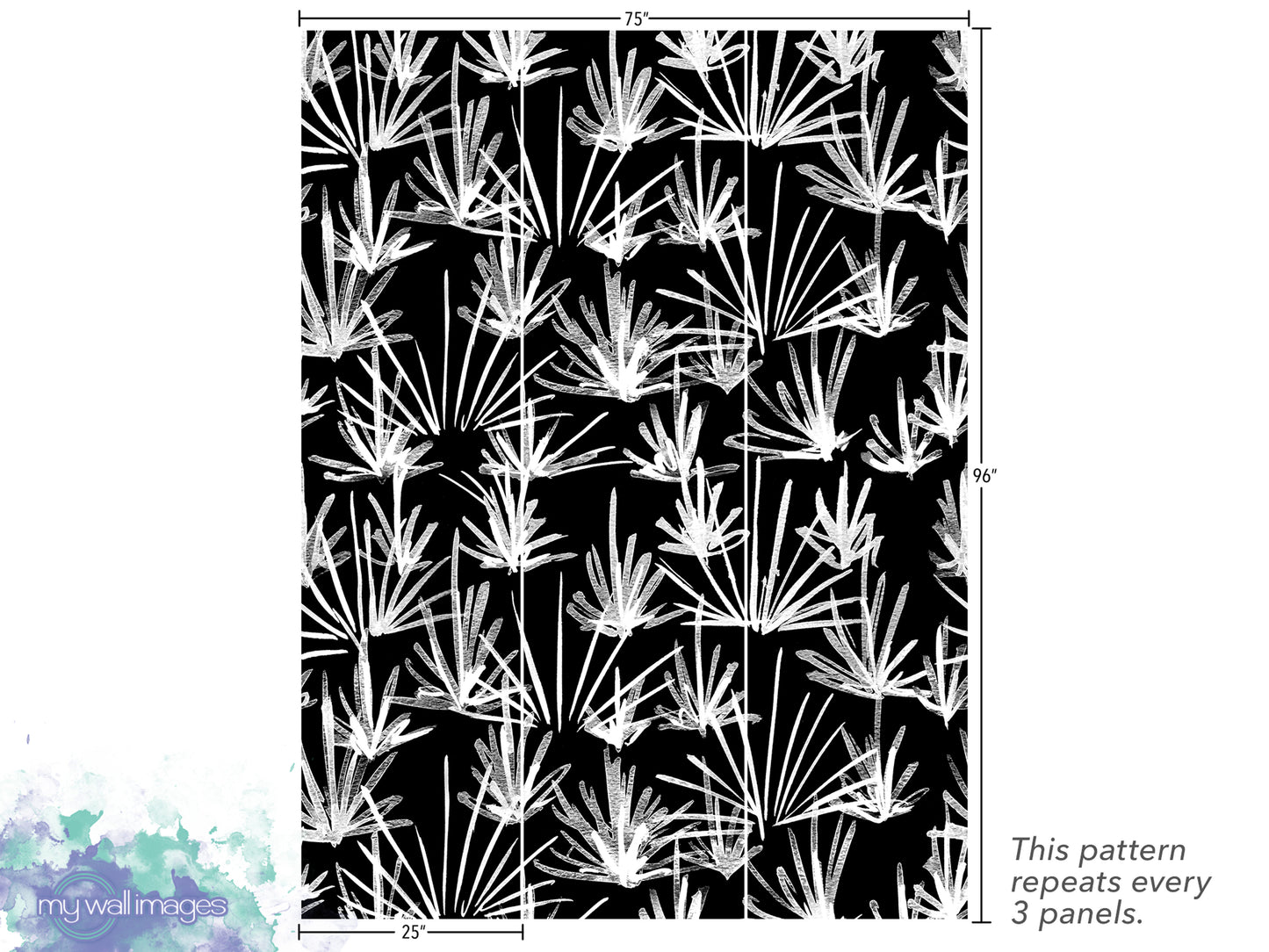 The image is a repeating pattern of stylized white and black lines, resembling a leaf or a plant, on a black background. The pattern repeats every 3 panels.