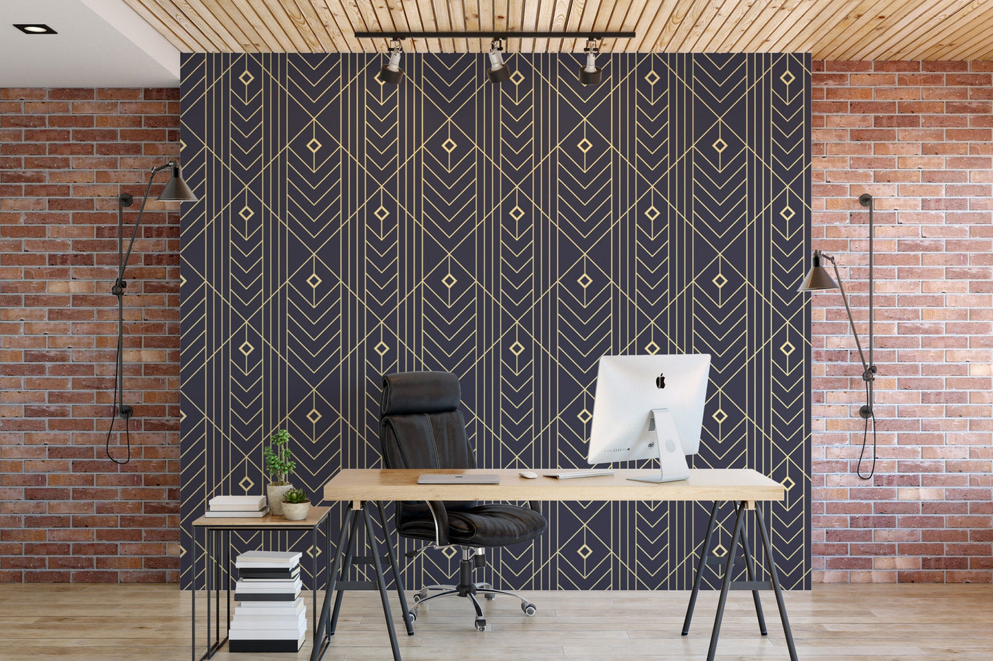 Art Deco Peel and Stick Wallpaper | Navy Gold Geometric Mural (MW1756)