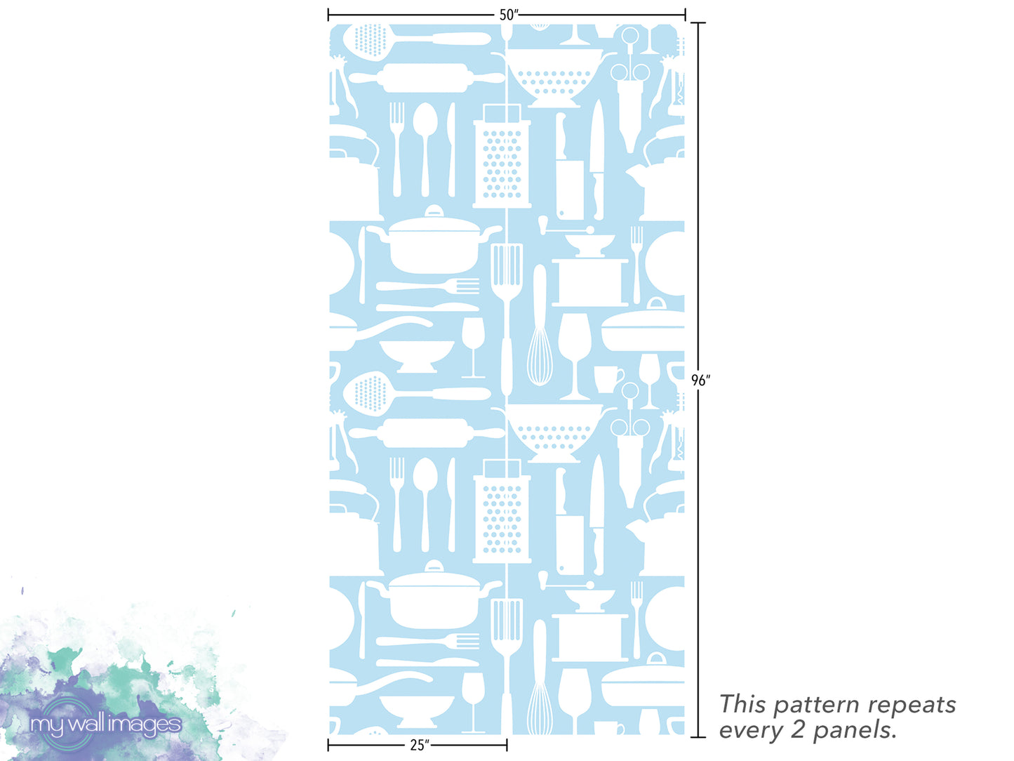 The image is a pattern of kitchen utensils and appliances, including pots, pans, spoons, knives, and other tools, repeated in a vertical arrangement. The pattern repeats every 2 panels.