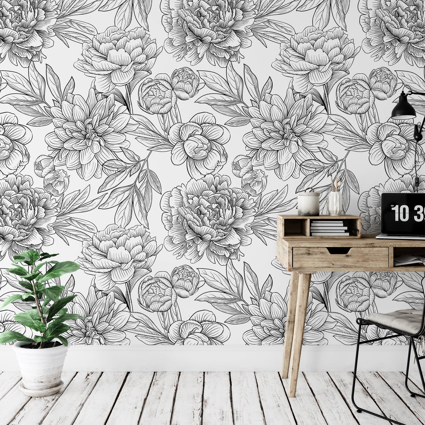 Black & White Peony Wallpaper MW1045