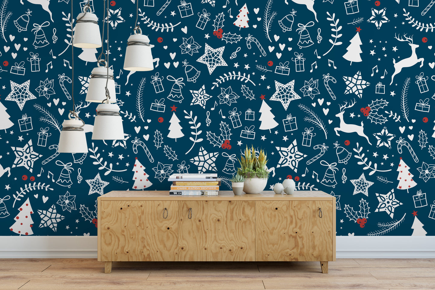 Christmas Trees, Holly, Reindeer, Stars Removable Wallpaper, Wall Art, Peel and Stick Wallpaper, Holiday Wallpaper, Decor, Accent, MW1138