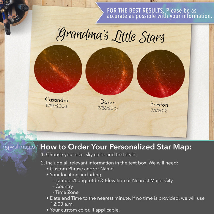 Grandma's Little Stars, Custom Star Map Wood Print MWW0008