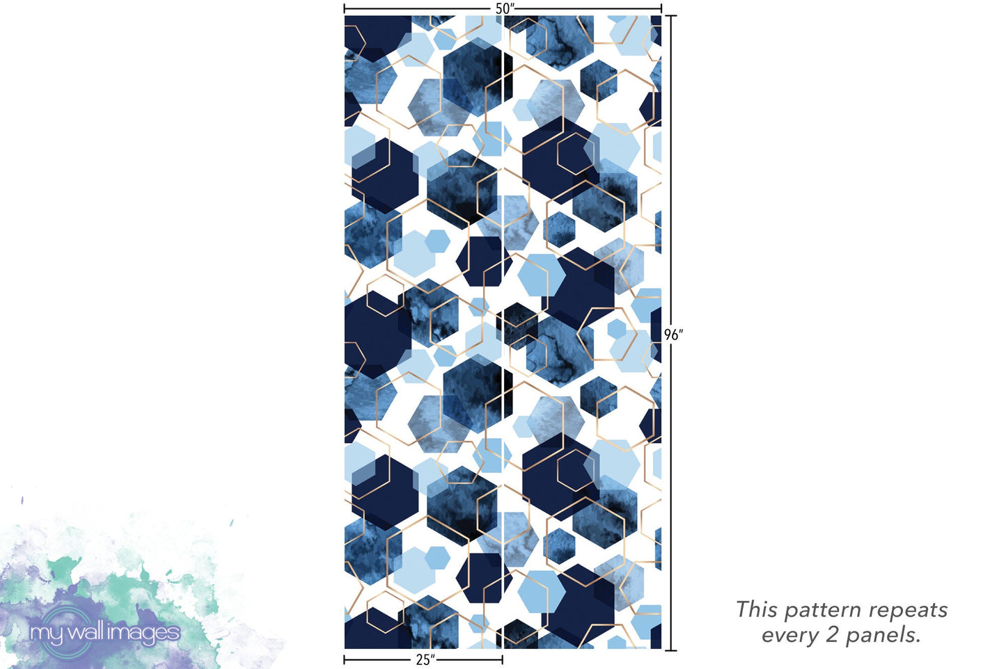 Blue Watercolor Hexagons Gold Lines Wallpaper MW1399