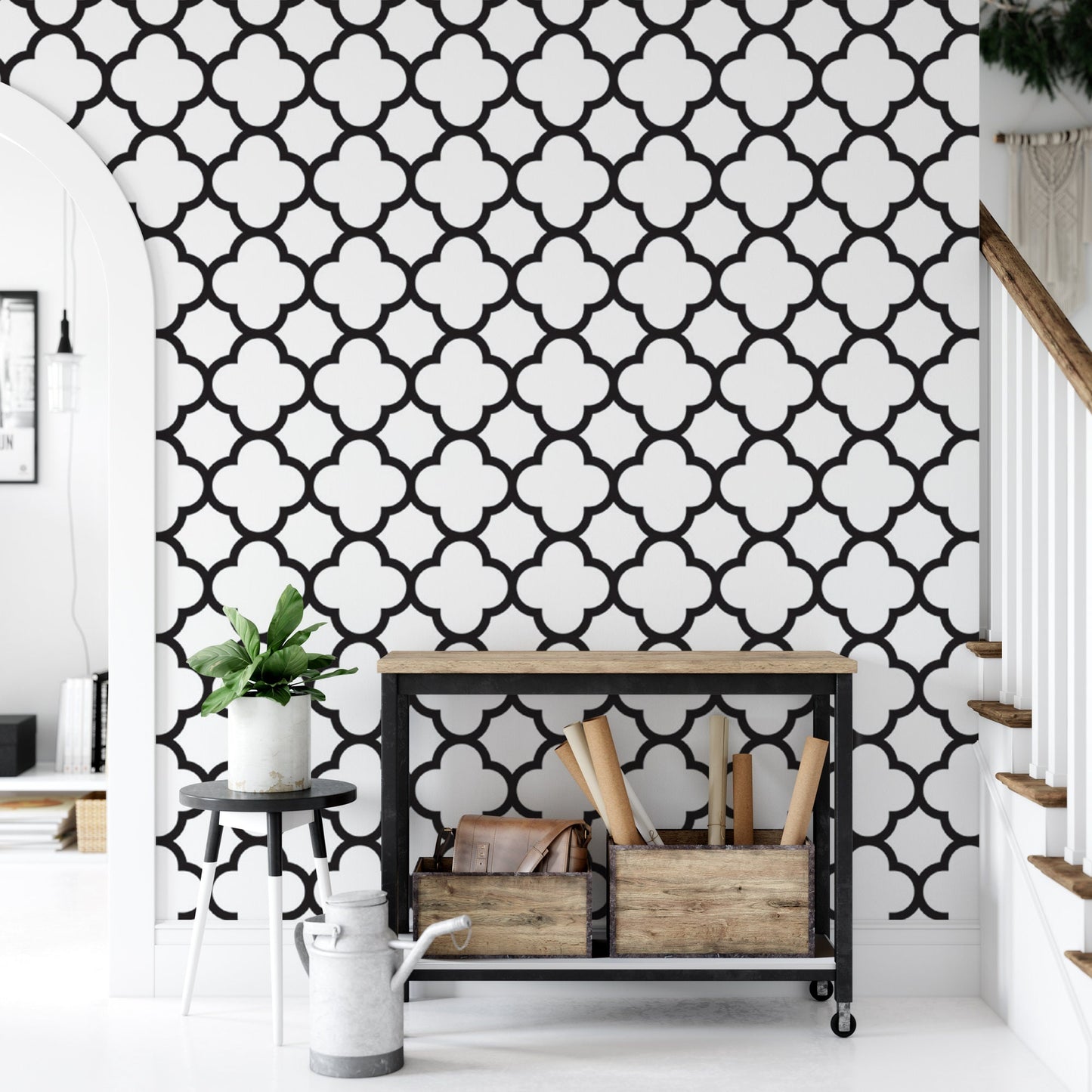 Quatrefoil Geometric Black and White Wallpaper MW1336