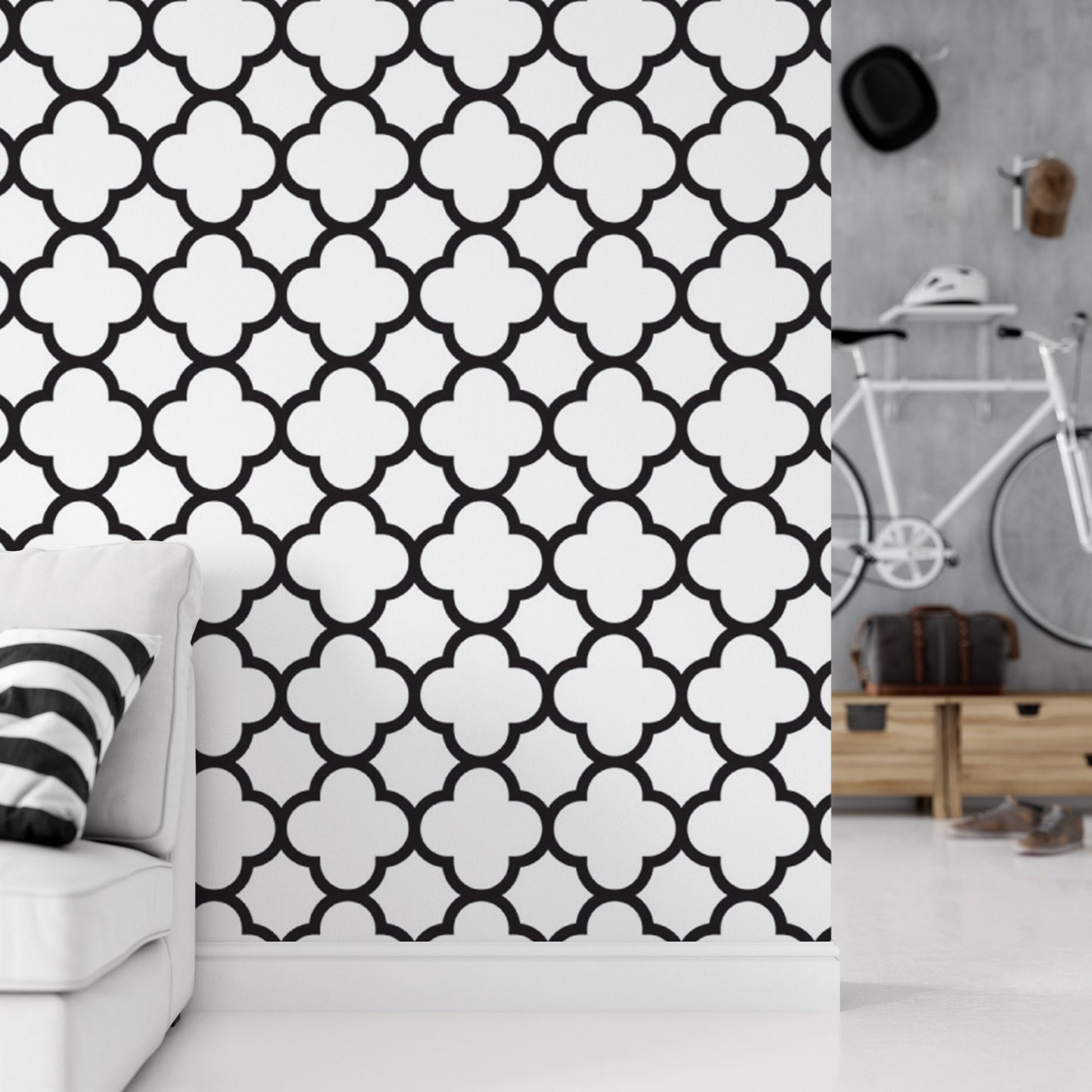 Quatrefoil Geometric Black and White Wallpaper MW1336