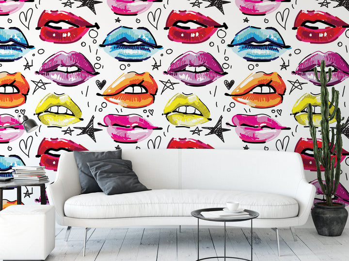 Multicolored Lips on White Wallpaper MW1370