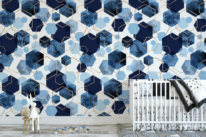 Blue Watercolor Hexagons Gold Lines Wallpaper MW1399