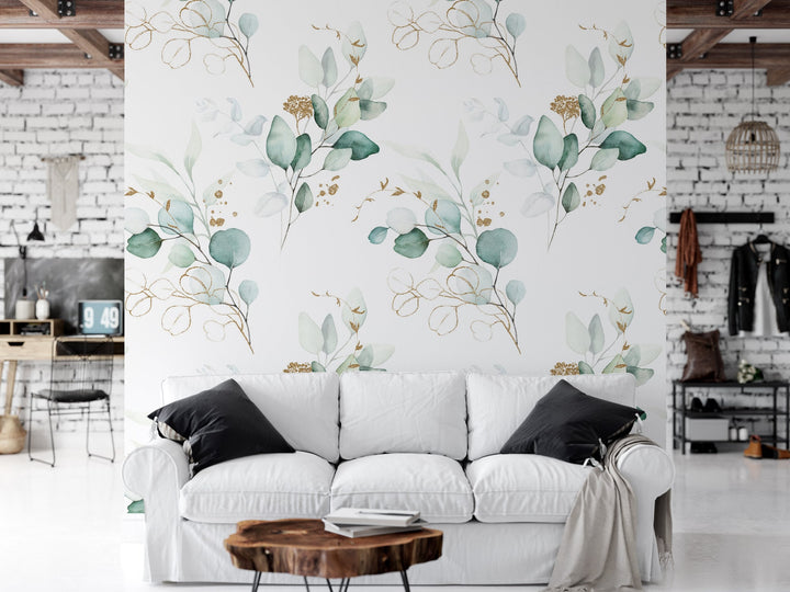 Green and Gold Eucalyptus Leaf Wallpaper MW1316MED