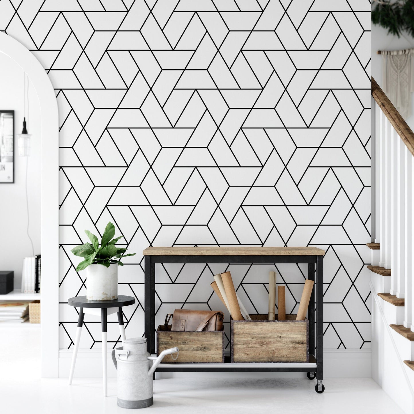 Simple Geometric Grid Style Black and White Minimalist Wallpaper MW1344BK