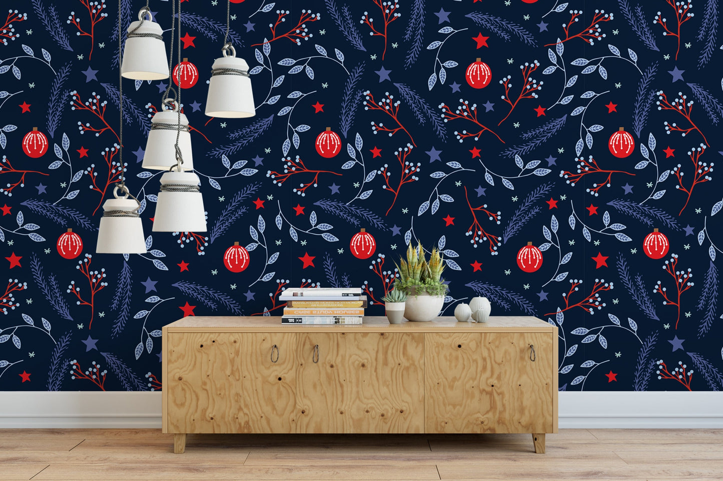 Christmas Ornaments, Navy Blue, Red, Removable Wallpaper, Wall Art, Peel and Stick Wallpaper, Mural, Accent Wall, Holiday Wallpaper, MW1175