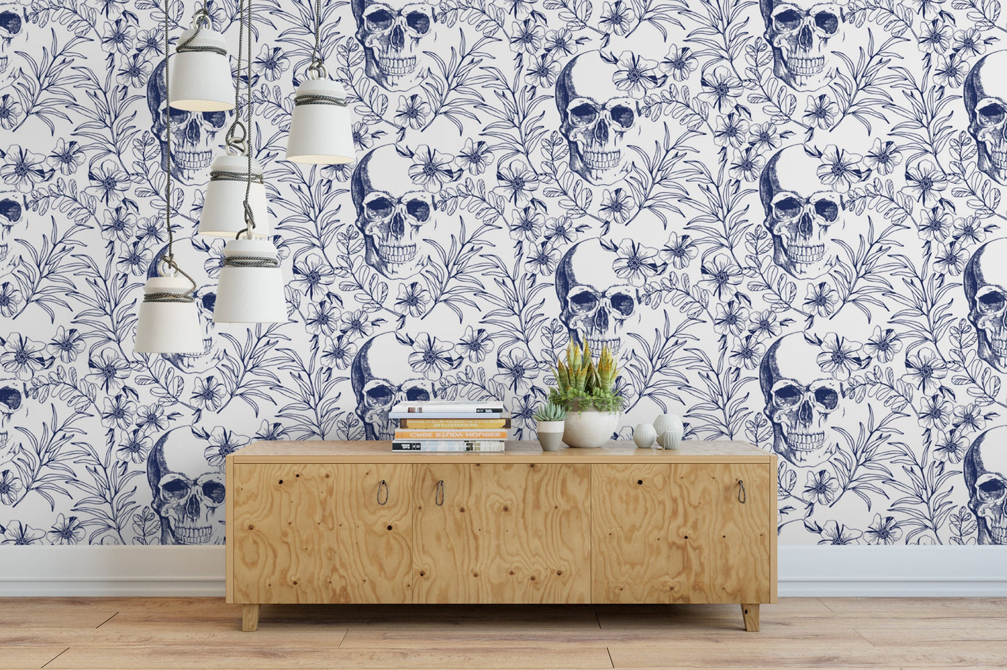 Skulls and Blue Floral Wallpaper MW1499